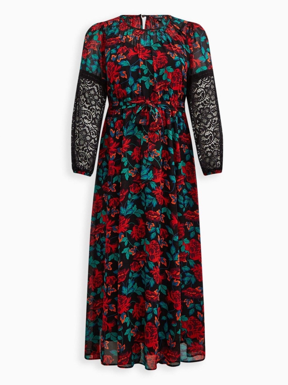 NWT Torrid Size 0 (L/12) Floral Maxi Chiffon Lace Sleeve Peasant Dress